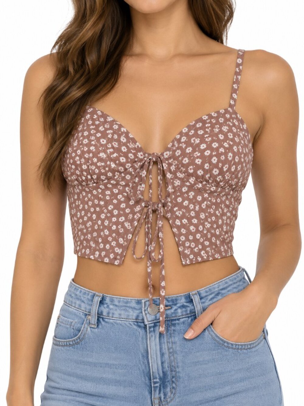 Active USA Women’s Floral Tie Front Crop Top Brown White Size Small